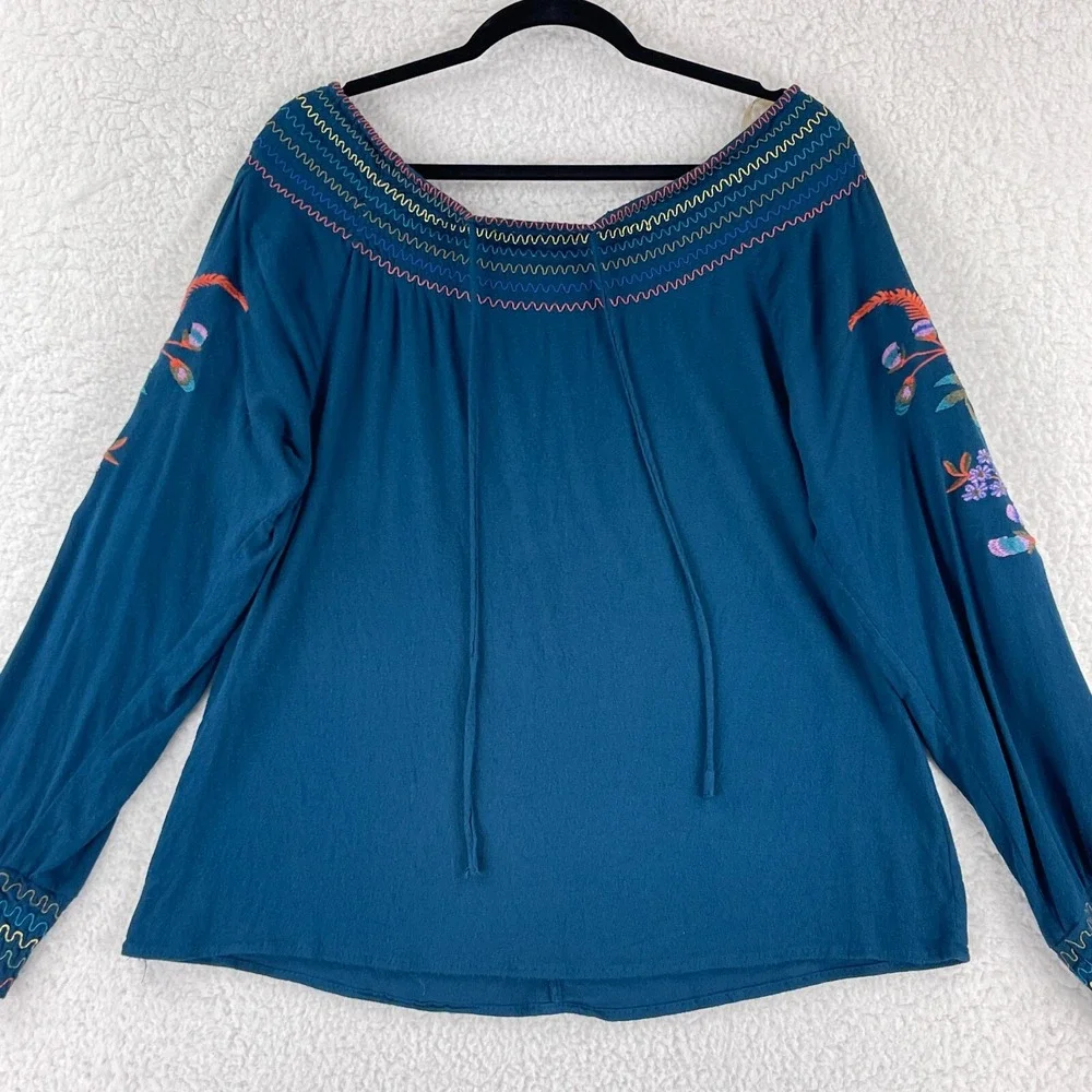 Umgee Top Womens Medium Blue Floral‎ Embroidered Off Shoulder Long Sleeve Boho